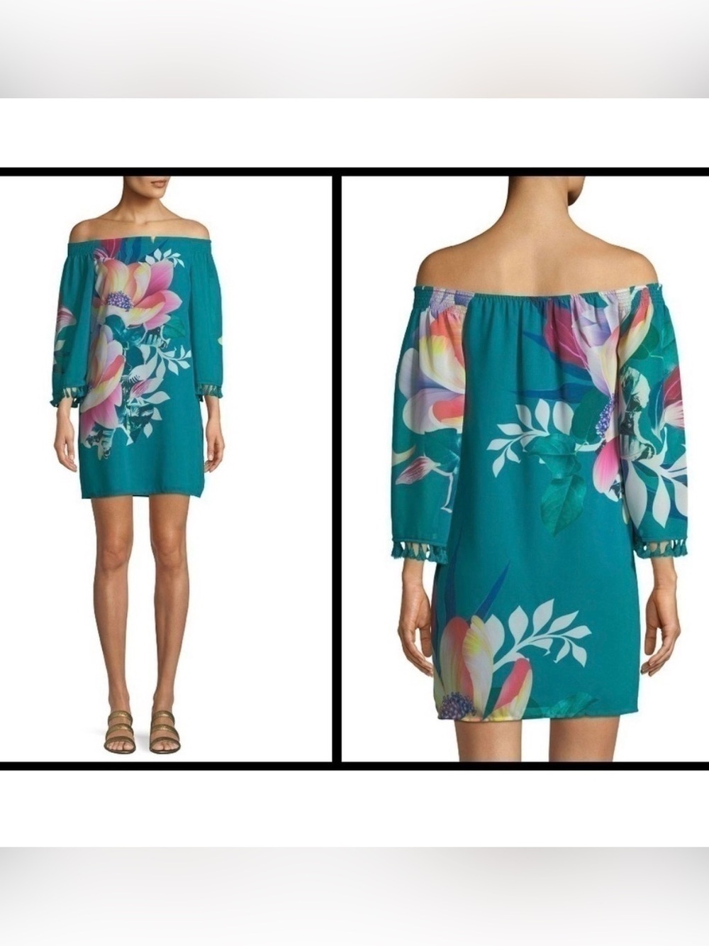 TRINA TURK Amaris Off-Shoulder Teal Floral Shift Dress size XS